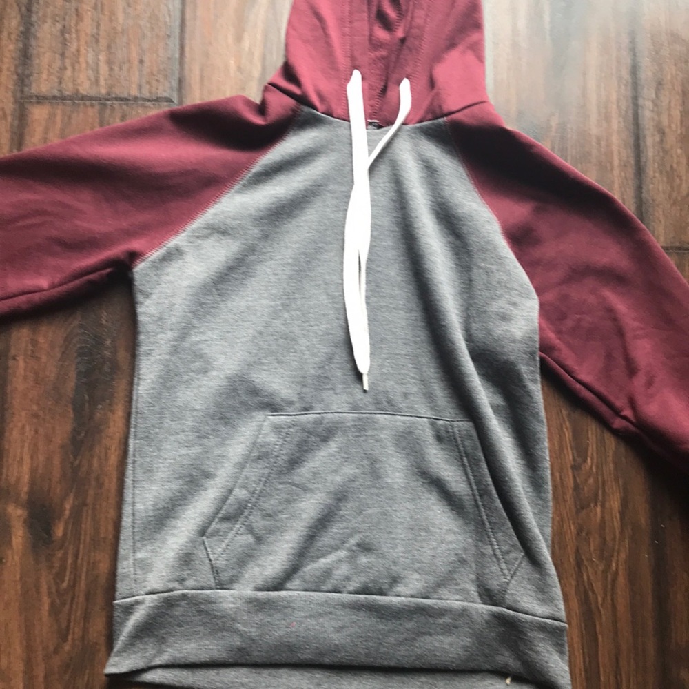 gray and maroon hoodie